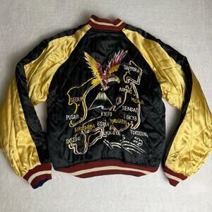 Vtg 50s Eagle Japan Map Satin Reversible Sukajan Souvenir Jacket Black Gold RARE